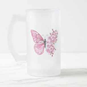 Taza De Cristal Esmerilado Mariposa de flores con Sakura rosa