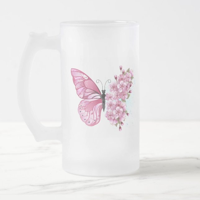 Taza De Cristal Esmerilado Mariposa de flores con Sakura rosa (Izquierda)