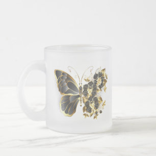 Taza De Cristal Esmerilado Mariposa de flores de oro con orquídea negra
