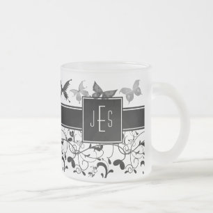 Taza De Cristal Esmerilado Mariposa victoriana floreciente blanco negro