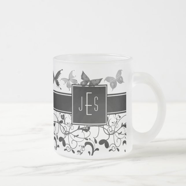 Taza De Cristal Esmerilado Mariposa victoriana floreciente blanco negro (Derecha)