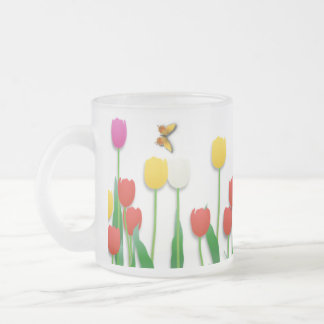 Taza De Cristal Esmerilado Mariposa y tulipanes