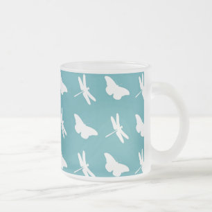 Taza De Cristal Esmerilado Mariposas Azules y Patrón de Libélulas