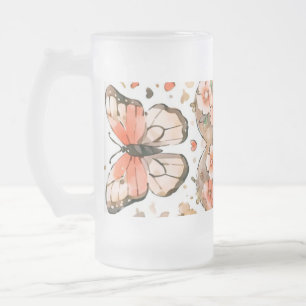 Taza De Cristal Esmerilado Mariposas, corazones y flores