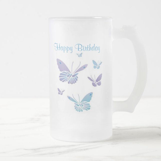 Taza De Cristal Esmerilado Mariposas del baile, feliz cumpleaños (Derecha)