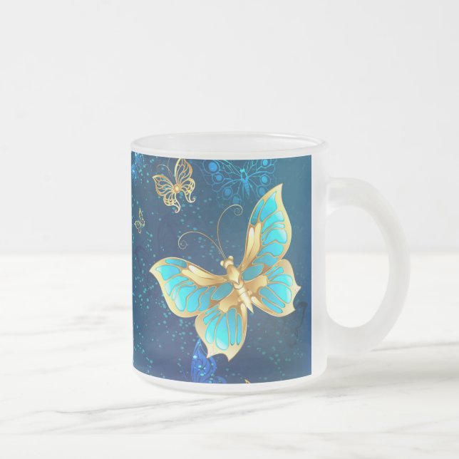 Taza De Cristal Esmerilado Mariposas doradas sobre fondo azul (Derecha)