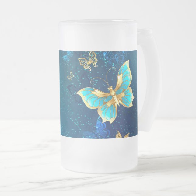 Taza De Cristal Esmerilado Mariposas doradas sobre fondo azul (Anverso derecho)