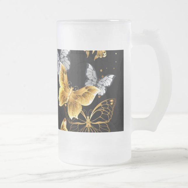 Taza De Cristal Esmerilado Mariposas doradas y blancas (Derecha)