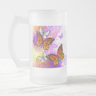 Taza De Cristal Esmerilado Mariposas monarcas en fondo morado