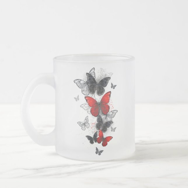 Taza De Cristal Esmerilado Mariposas Morpho voladoras negras y rojas (Izquierda)