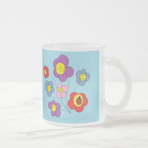 Taza De Cristal Esmerilado Mariquita Monada y Flores Azules