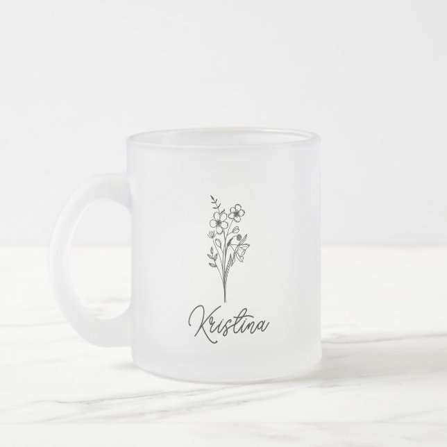 Taza De Cristal Esmerilado Marzo Nacimiento Flor y Elegante Nombre de Script (Izquierda)