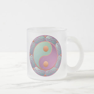 Taza De Cristal Esmerilado Medallón Yin Yang Violeta Turquesa