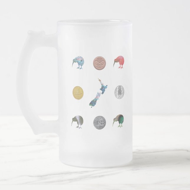 TAZA DE CRISTAL ESMERILADO MONEDAS DE DINERO DE NUEVA ZELANDIA KIWI (Izquierda)