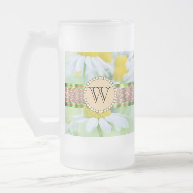 Taza De Cristal Esmerilado Monograma de margarita blanca en pradera verde (Izquierda)