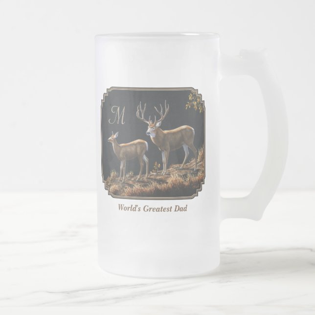 Taza De Cristal Esmerilado Monograma de Mule Deer Buck y Doe (Derecha)