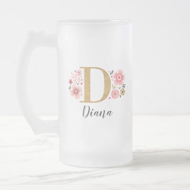 Taza De Cristal Esmerilado Monograma de oro rosa floral (Izquierda)