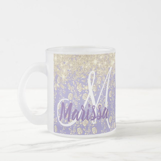 Taza De Cristal Esmerilado Monograma Floral de oro en lavanda (Izquierda)
