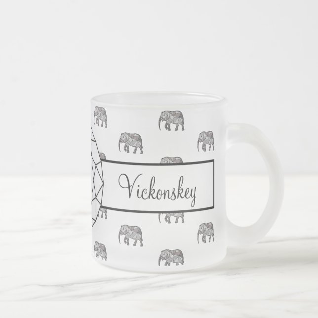 Taza De Cristal Esmerilado Monograma geométrico elefante negro y blanco (Derecha)