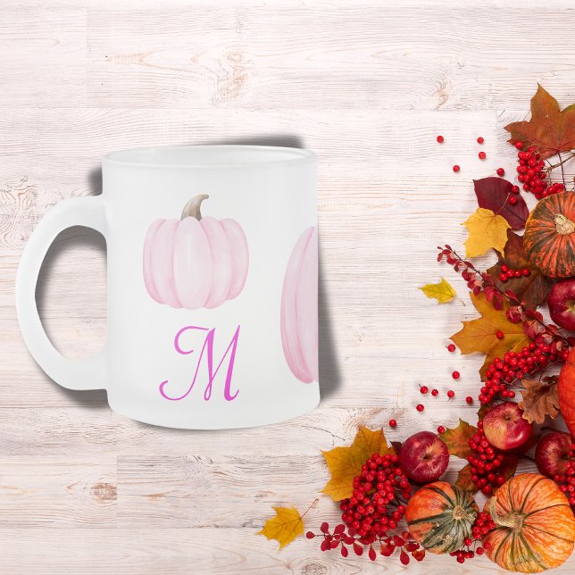 Taza De Cristal Esmerilado Monograma inicial con calabaza rosa | (Subido por el creador)