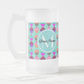 Taza De Cristal Esmerilado Monograma personalizado del pastel de Aqua