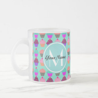 Taza De Cristal Esmerilado Monograma personalizado del pastel de Aqua