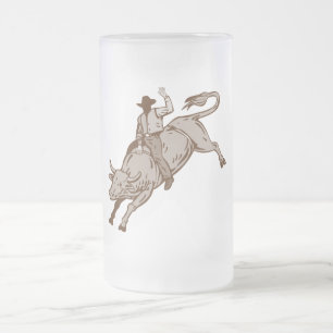 Taza De Cristal Esmerilado Montar a caballo del toro del vaquero del rodeo