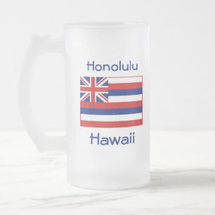 Taza De Cristal Esmerilado Mug. ciudad de mapa de bandera hawaiana