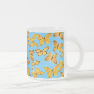 Taza De Cristal Esmerilado Mug de vidrio escarchado, mariposas doradas sobre