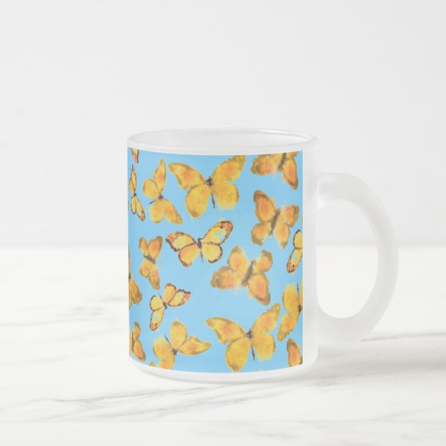 Taza De Cristal Esmerilado Mug de vidrio escarchado, mariposas doradas sobre  (Derecha)