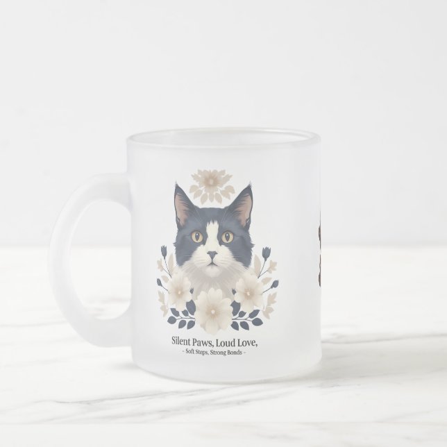 Taza De Cristal Esmerilado Mug floral de gato de Tuxedo - Paws silenciosos, a (Izquierda)