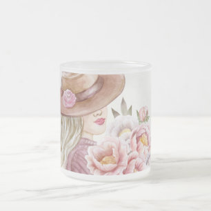 Taza De Cristal Esmerilado Mujer elegante con estampado artístico de peonías 