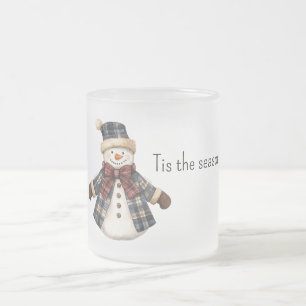 Taza De Cristal Esmerilado Muñeco de nieve de Navidad de cuadros rojos y azul