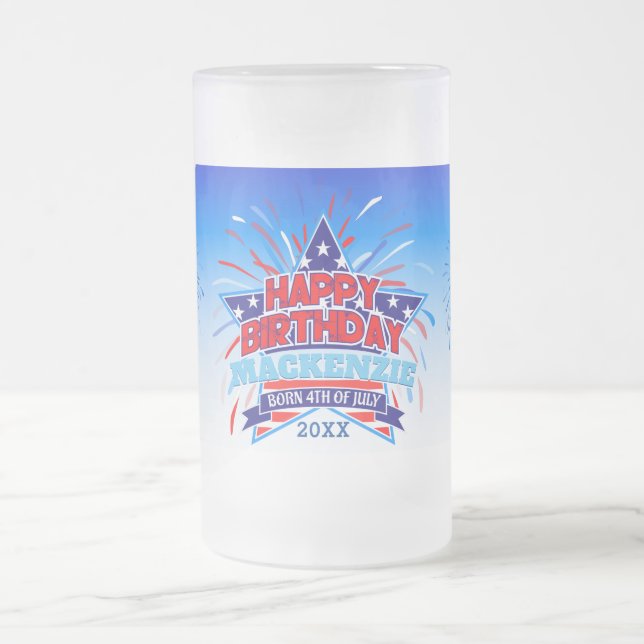 Taza De Cristal Esmerilado Nacido el 4 de julio, feliz cumpleaños (Centro)