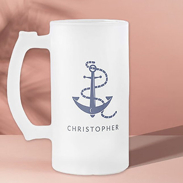 Taza De Cristal Esmerilado Nautical Anchor Naval de nombre personalizado (Subido por el creador)