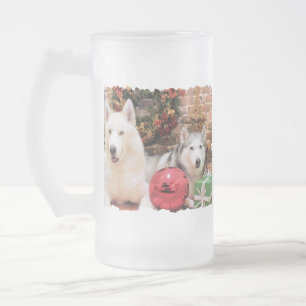 Taza De Cristal Esmerilado Navidad - huskyes siberianos - Bailey y Katya