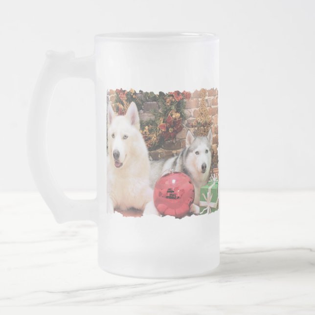 Taza De Cristal Esmerilado Navidad - huskyes siberianos - Bailey y Katya (Izquierda)