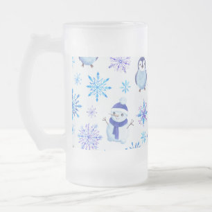 Taza De Cristal Esmerilado Navidades Copos de nieve, hombres de nieve y pingü