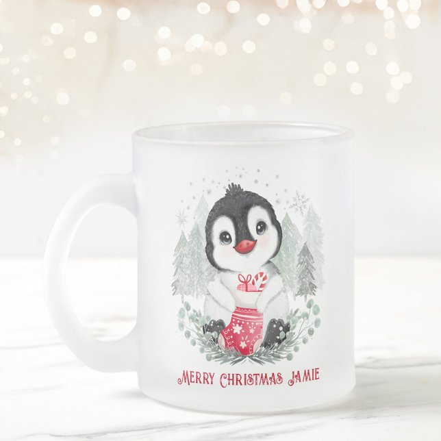 Taza De Cristal Esmerilado Navidades personalizados de pingüino (Cute Penguin Personalized Christmas Frosted Glass Coffee Mug)