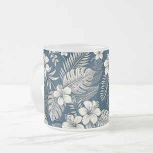 Taza De Cristal Esmerilado Navy Blue Hibiscus Monstera Tropical Botanical