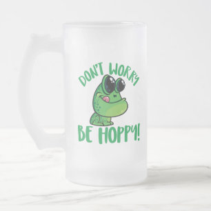 Taza De Cristal Esmerilado No te preocupes, sé feliz rana sonriente de dibujo
