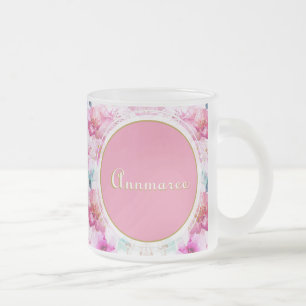 Taza De Cristal Esmerilado Nombre personalizado bonito Floral Rosa y Oro