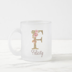 Taza De Cristal Esmerilado Nombre personalizado letra F hoja de oro rosas ros