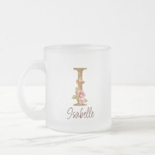 Taza De Cristal Esmerilado Nombre personalizado letra I Lámina de oro rosas r