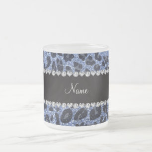 Taza De Cristal Esmerilado Nombre personalizado purpurina azul claro leopardo