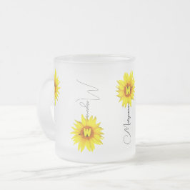 Taza De Cristal Esmerilado Nombre personalizado y monograma con girasol elega