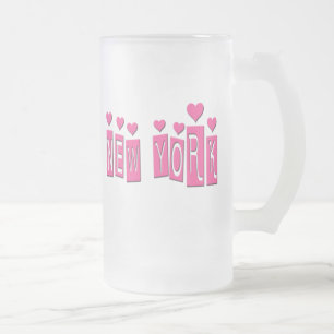 TAZA DE CRISTAL ESMERILADO NUEVA YORK ROSADA CON LOS CORAZONES