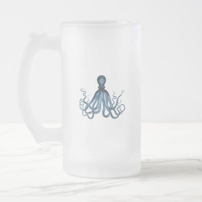 Taza De Cristal Esmerilado Octopus kraken playa costera náutica océano azul (Izquierda)
