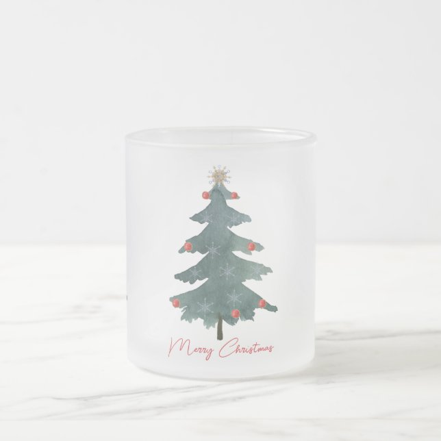 Taza De Cristal Esmerilado Ornamentos verdes de árbol de Navidad Feliz Navida (Centro)