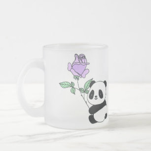 Taza De Cristal Esmerilado Oso Panda Adorable Sosteniendo Flor de Rosa Púrpur